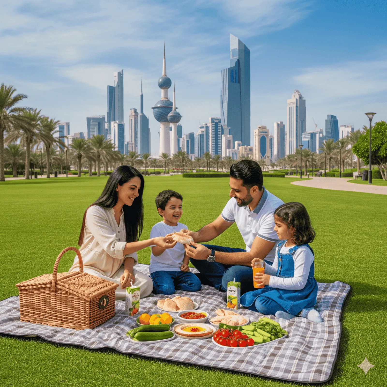 A family enjoying a picnic in a clean, green park with the modern buildings of Kuwait City in the background.