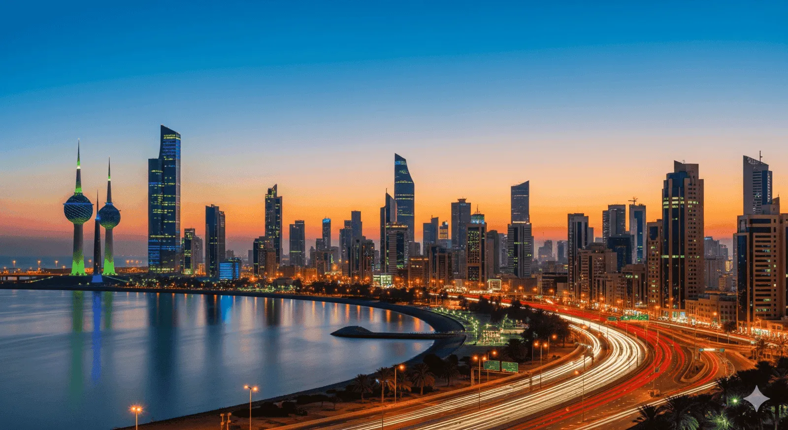 The illuminated Kuwait City skyline, a symbol of opportunity for professionals seeking jobs in Kuwait.